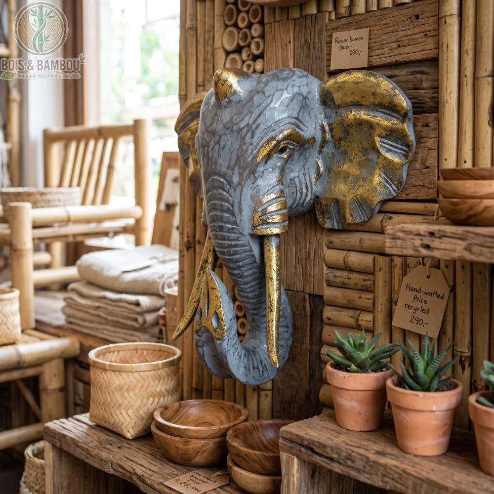 Tête d'éléphant en bois sculpté gris et doré, suspendue au mur