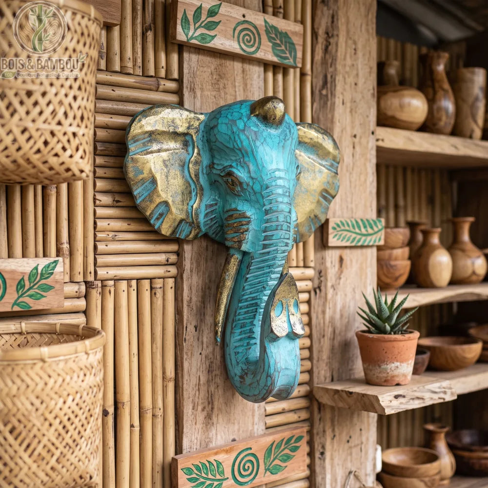 Tête d'éléphant en bois sculpté turquoise et doré, suspendue au mur