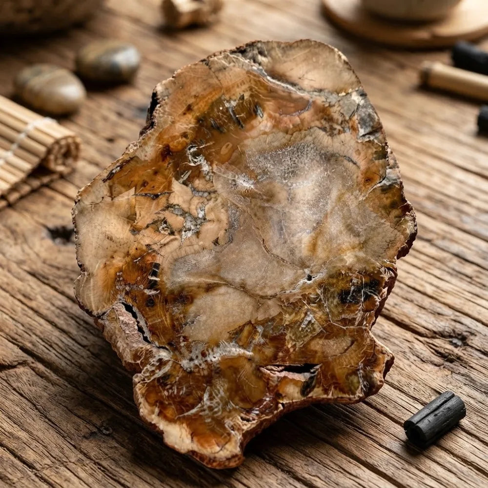 Tranche de bois fossilisé aux tons miel et beige translucides, forme irrégulière, photo indicative non contractuelle