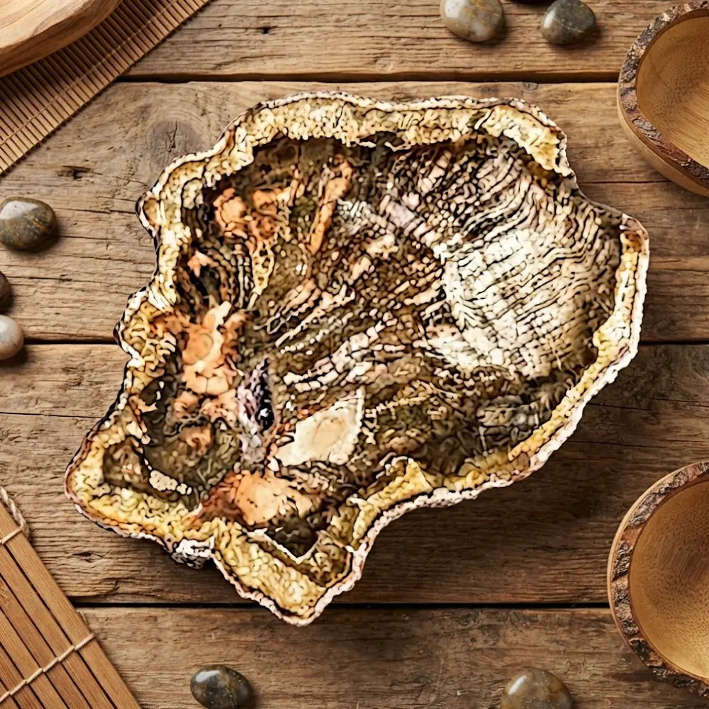 Tranche de bois fossilisé aux motifs ocre, orange et blanc, contour découpé naturel, photo indicative, pièce unique