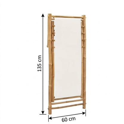 Transat de plage en bambou et toile plié à plat, dimensions 135 cm de haut et 60 cm de large