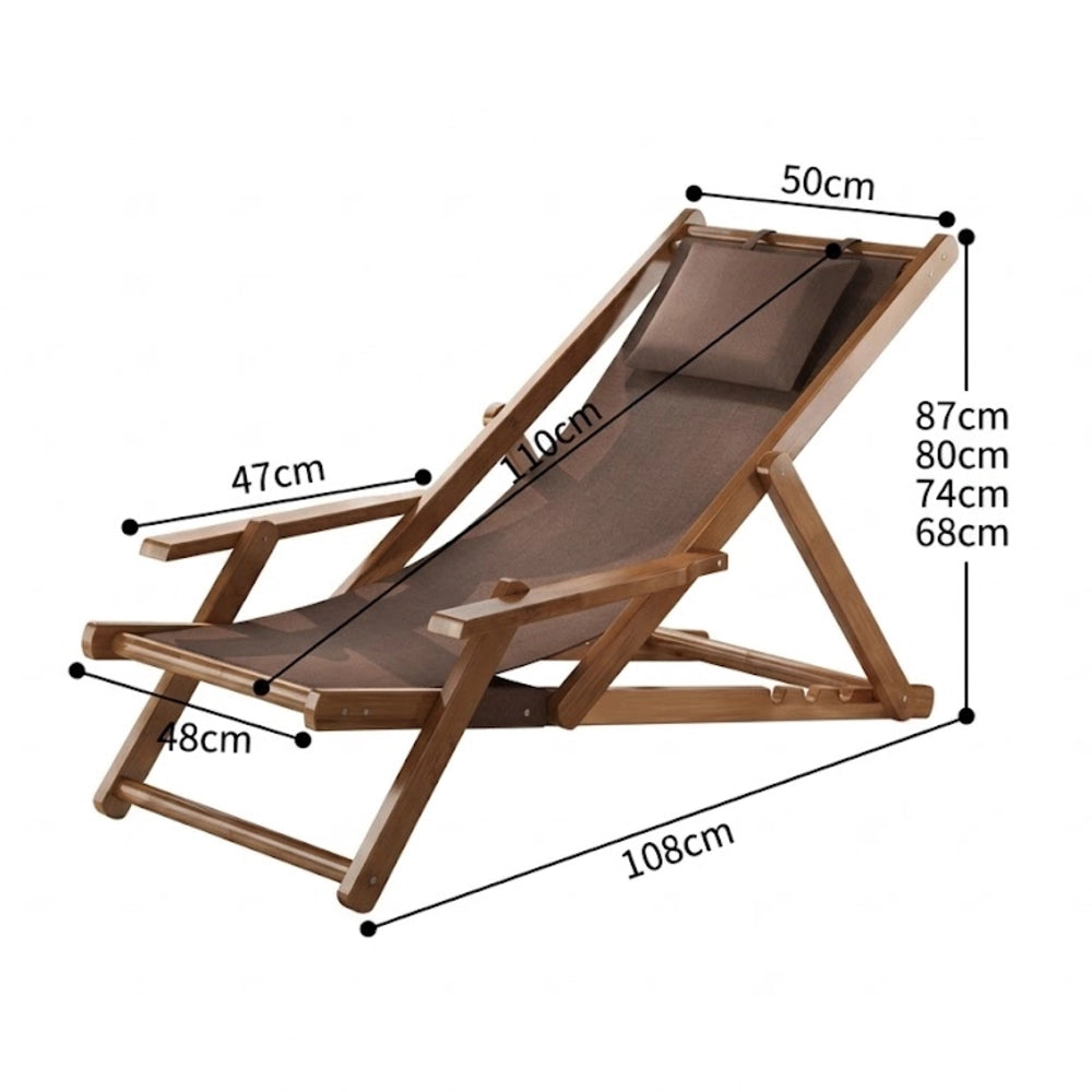 Transat en toile et bambou à accoudoirs, dimensions : 108 cm au sol, assise 48 cm, toile 110 cm, dossier de 68 à 87 cm