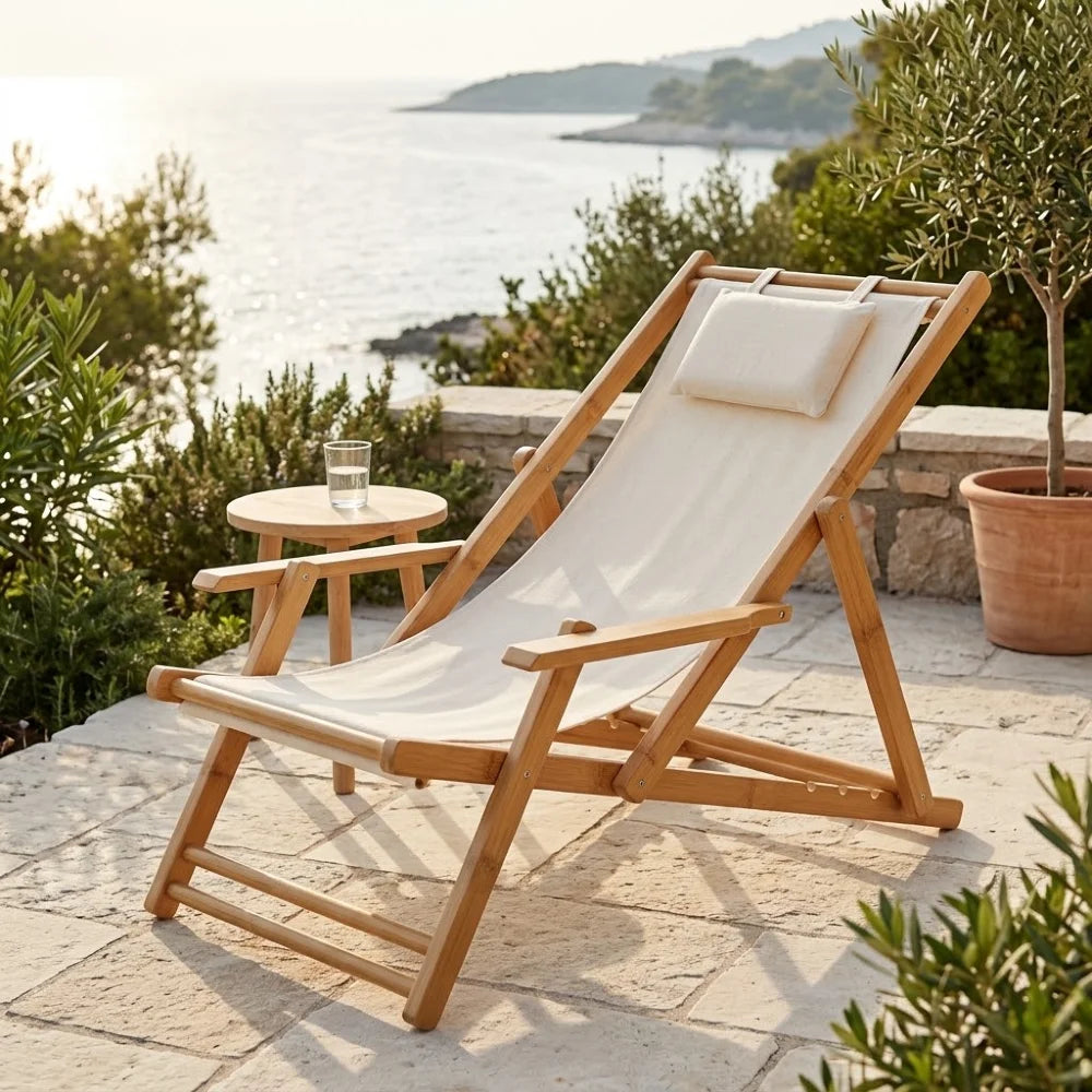 Transat en toile et bambou à accoudoirs, cadre naturel et toile écrue avec coussin repose-tête, terrasse ensoleillée