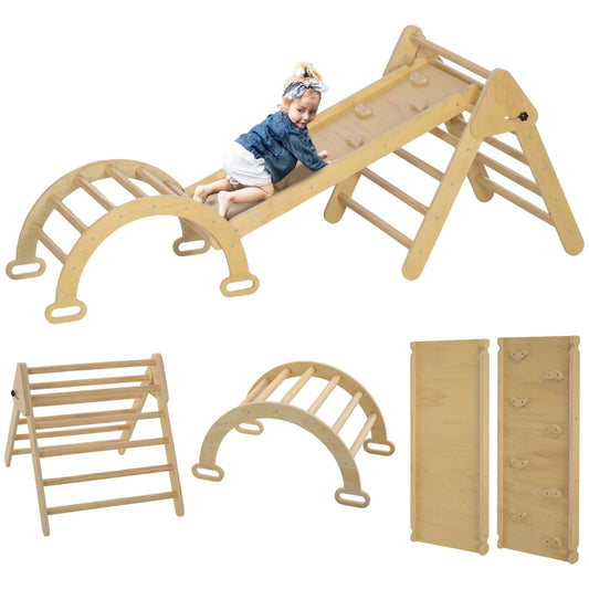 Enfant grimpant sur la rampe du triangle de Pikler, avec le triangle, l'arche et les deux faces de la planche présentés séparément