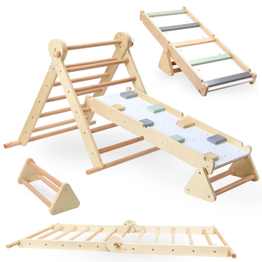 Triangle d'escalade pliable en bois avec mur d'escalade à prises, support et échelle dépliée à plat