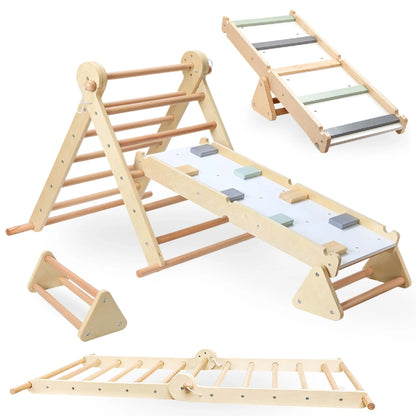 Triangle d'escalade pliable en bois avec mur d'escalade à prises, support et échelle dépliée à plat