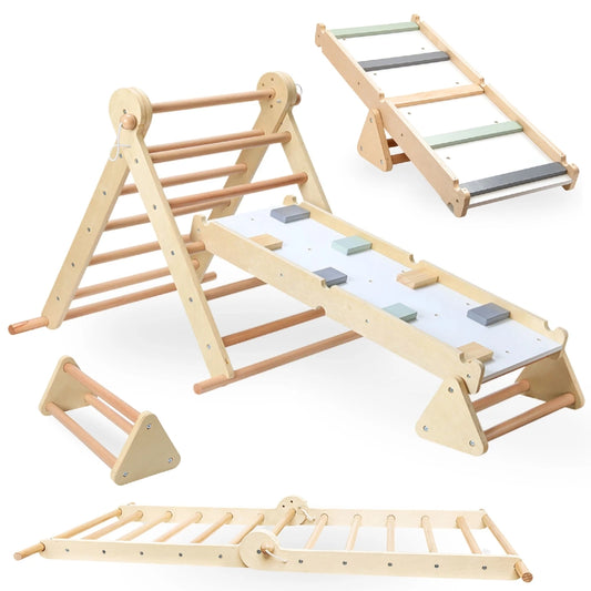 Triangle d'escalade pliable en bois avec mur d'escalade à prises, support et échelle dépliée à plat