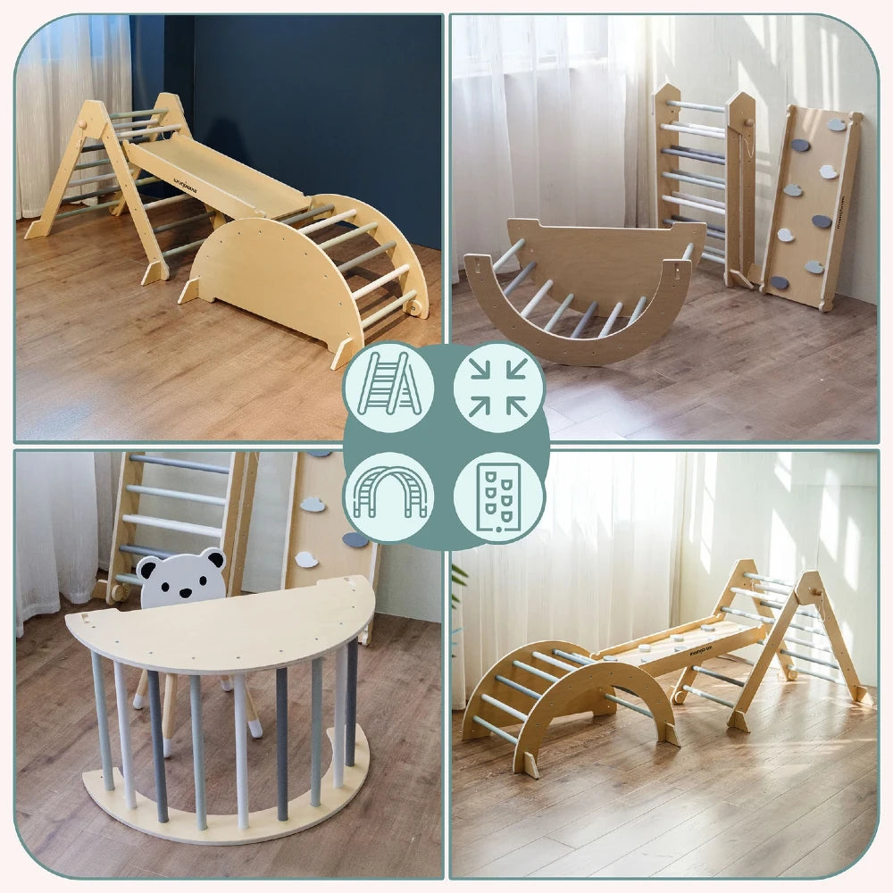 Triangle d'escalade pliable aux barreaux pastel avec rampe côté glisse et côté prises, et arche Pikler en position table